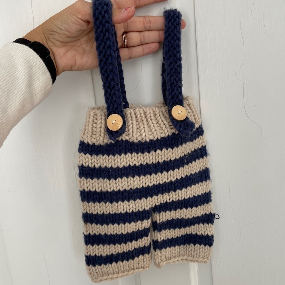 Newborn handknit suspender pants with wooden buttons